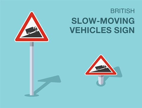 Traffic regulation rules. Isolated British slow-moving vehicles sign. Front and top view. Flat vector illustration template.
