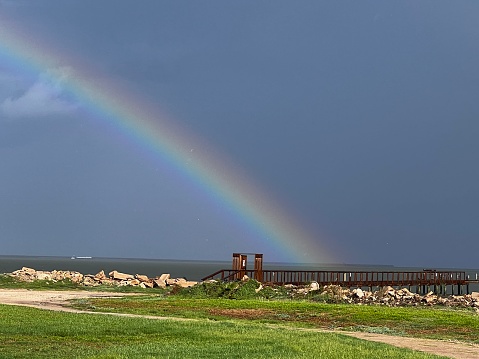 Galveston Bay in Seabrook with a rainbow over the water