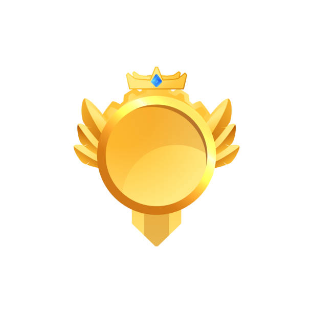 istock Golden medal, round award badge with gem and wings, vector metal level achievement frame for interface, game development 1707153624