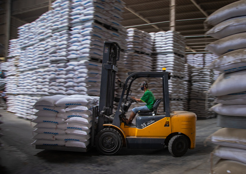 Workers are using forklifts to transport rice for export, inside a rice milling factory, Tien Giang province