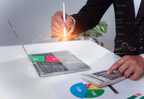 Stock market, Business growth, progress or success concept. Businessman or trader is showing a growing virtual hologram stock, invest in trading.