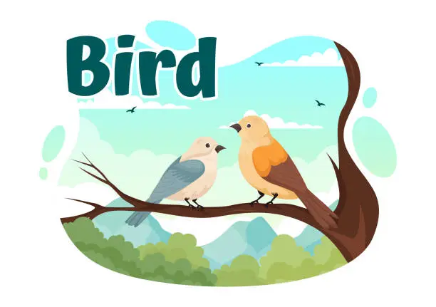 Vector illustration of Bird Animal Vector Illustration with Birds on Tree Roots and Sky as Background in Flat Cartoon Style Design Template