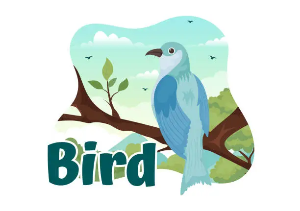 Vector illustration of Bird Animal Vector Illustration with Birds on Tree Roots and Sky as Background in Flat Cartoon Style Design Template