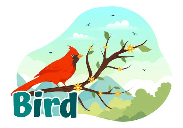 Vector illustration of Bird Animal Vector Illustration with Birds on Tree Roots and Sky as Background in Flat Cartoon Style Design Template