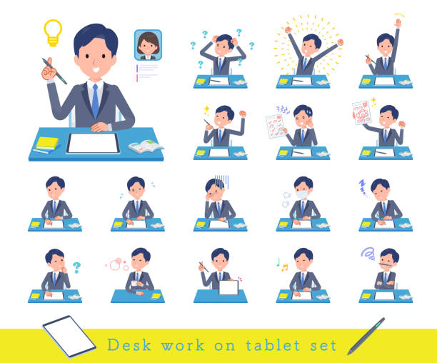 ilustraciones, imágenes clip art, dibujos animados e iconos de stock de un conjunto de trabajadores consultores que estudian en una tableta - sleeping on the job illustrations