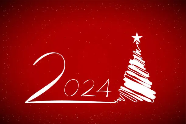 Vector illustration of White colored scribbled creative Christmas tree with a star at the top over a vibrant dark maroon red horizontal Xmas festive vector backgrounds with shining glitter and text 2 0 2 4 for 2024 Happy New year