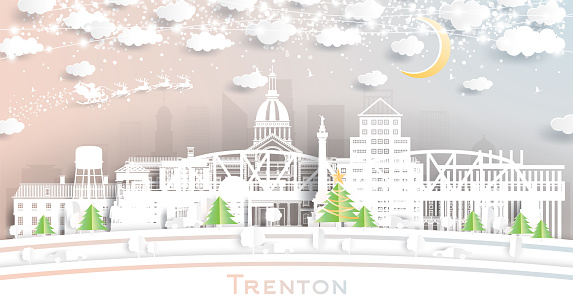Trenton New Jersey. Winter City Skyline in Paper Cut Style with Snowflakes, Moon and Neon Garland. Christmas and New Year Concept. Santa Claus on Sleigh. Trenton Cityscape with Landmarks.