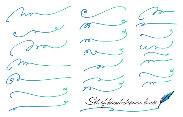 Vector illustration of Set of hand-drawn decorative lines (Cold color gradation)