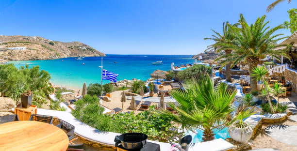 Landscape with Super Paradis beach, Mykonos island, Greece Mykonos, Greece - September 13, 2023: Landscape with Super Paradis beach, Mykonos island, Greece Cyclades paralia stock pictures, royalty-free photos & images