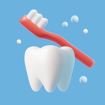 White clean tooth with toothbrush symbol, 3D realistic vector illustration isolated on blue background. Teeth hygiene and cleanliness, dental health concept.
