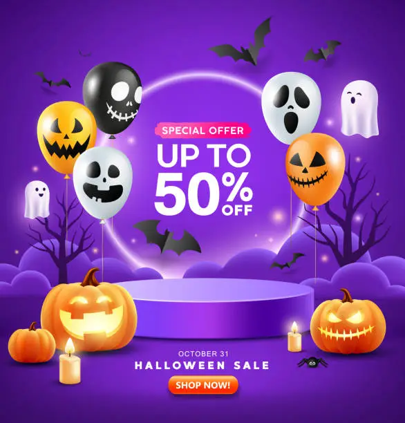 Vector illustration of Halloween podium purple color, pumpkin, balloons, ghost, candle, and bat flying, poster flyer design on purple background