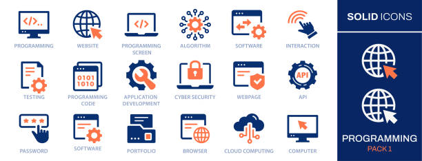 illustrations, cliparts, dessins animés et icônes de jeu d’icônes de programmation. collection de logiciels, programmes, applications, ordinateurs et plus encore. illustration vectorielle. passe facilement à n’importe quelle couleur. - état solide