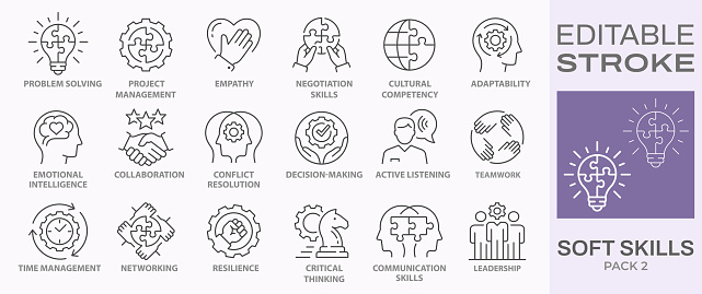 Soft skills icons, such as leadership, teamwork, problem solving, time management and more. Editable stroke.