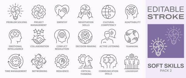Soft skills icons, such as leadership, teamwork, problem solving, time management and more. Editable stroke. Soft skills icons, such as leadership, teamwork, problem solving, time management and more. Editable stroke. flexible adaptable stock illustrations
