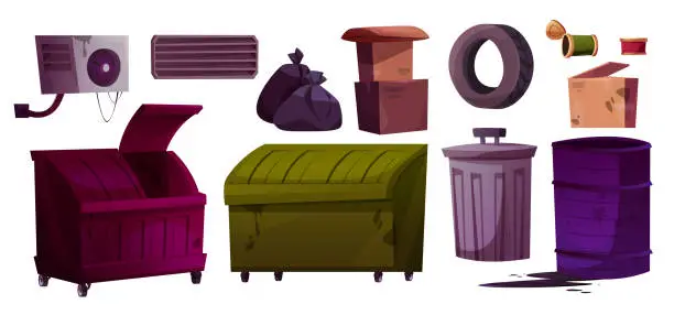 Vector illustration of Cartoon set of garbage and waste containers