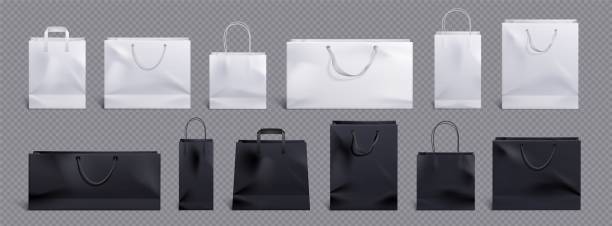 stockillustraties, clipart, cartoons en iconen met white and black paper bag and handle vector mockup - boodschappentas tas