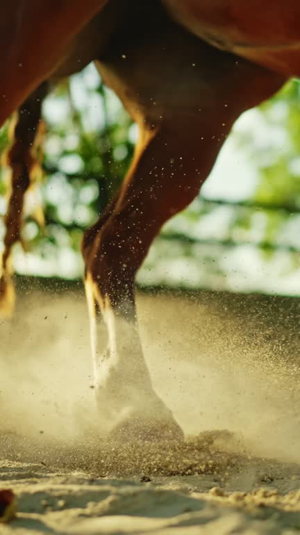 Horse Galloping on Sandy Ranch Surrounded by Trees during Daytime - VERTICAL