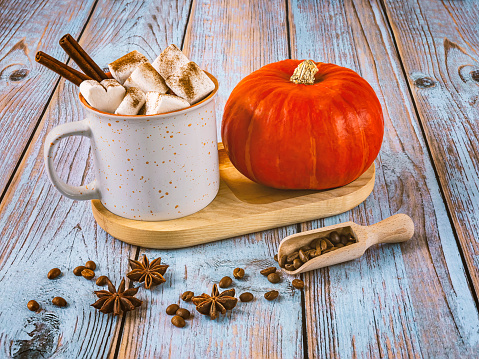 Delicious pumpkin latte with marshmallows and spices in a white ceramic cup, orange pumpkin, coffee beans and star anise as decoration.