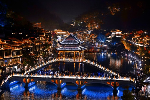 An aerial shot of Fenghuang County or Phoenix Ancient Town, Hunan Province, China.