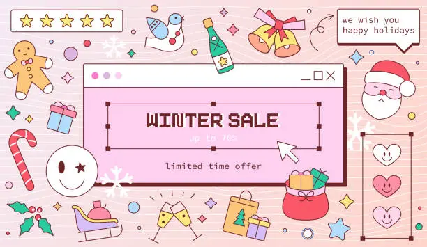 Vector illustration of Y2K Winter Sale Banner. Groovy 60s and 70s Retro PC Screen Design. Vintage Cartoon Santa Claus, Festive Ornament, Gifts, Jingle Bells. Perfect for New Year Announcements, Greetings, Party Invitations.