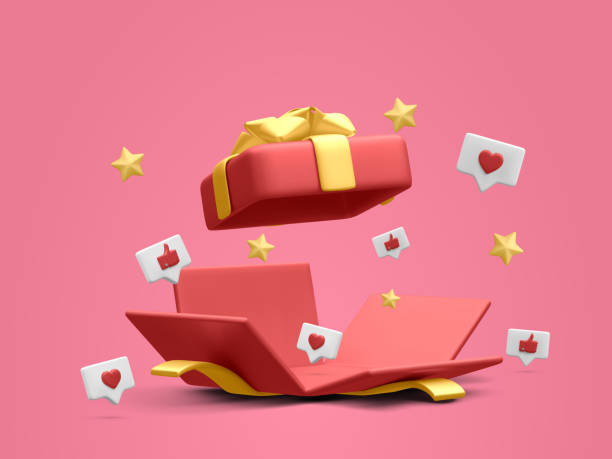istock 3d realistic open gift box with thumbs up, hearts and stars. Vector illustration 1707392619