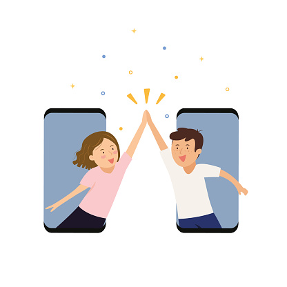 Two people celebrate success together, giving high five with joy on mobile. Friendship and giving a high five.