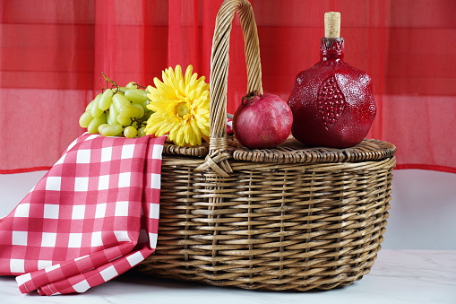 Autumn basket for picnic at the forest