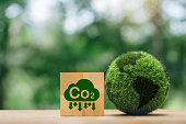 CO2 emissions Plans and Visions..Green Globe with Co2 icon in wooden block.Sustainable environment development goals.Concept of green business.Carbon credit. ESG, Co2, NetZero.
