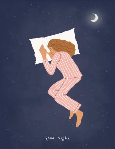 Vector illustration of Sweet dreams. Young woman sleeps on side. Lying on pillow. Sleep tight, Dreaming, Healthy sleeping, Sound sleep, Night sky, Astral, Stars. Trendy hand drawn doodle style. Flat design vector illustration.