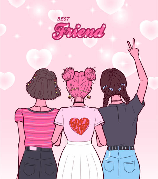 ilustrações de stock, clip art, desenhos animados e ícones de three friends. stylish y2k cool girl. friendship concept. sister's day card, young pretty women. 90s, 00s aesthetic. rear view. trendy hand drawn doodle style. flat design line vector illustration. - three people women teenage girls friendship