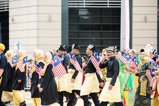 Putrajaya, Malaysia - August 31, 2019: A close up view of the contingent marching from air line staff at the 62nd Independence day or Merdeka Day celebration of Malaysia in Putrajaya.