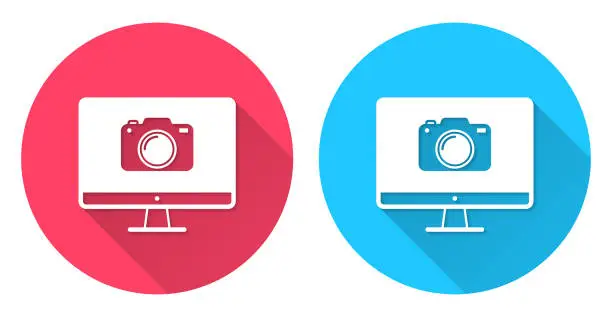 Vector illustration of Desktop computer with camera. Round icon with long shadow on red or blue background