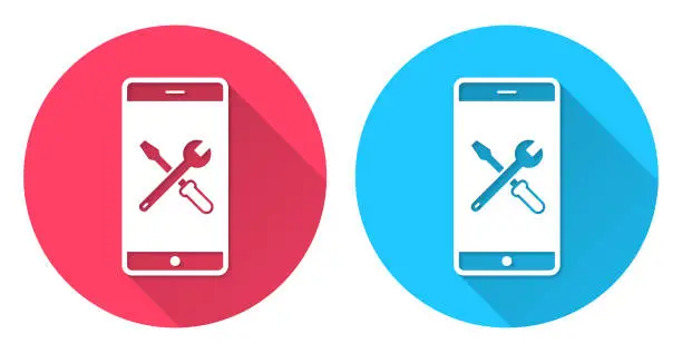 Vector illustration of Smartphone settings - Tools. Round icon with long shadow on red or blue background