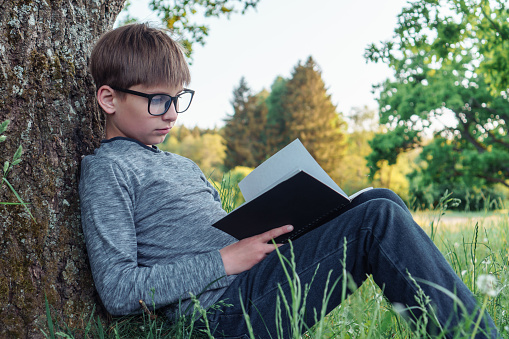 Mindful junior boy in glasses sitting on green lawn leaning on tree in park and reading task in notebook. Male pupil wearing gray longsleeve and jeans attentively studying in nature.