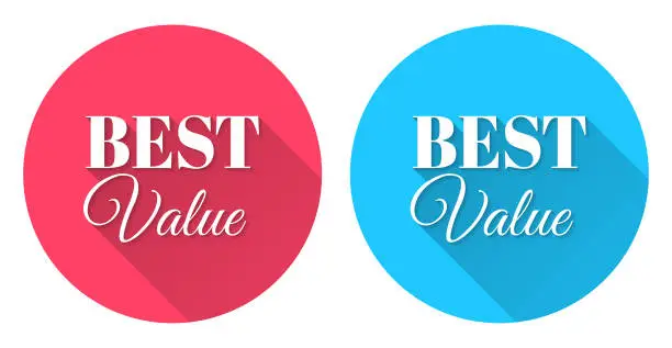 Vector illustration of Best Value. Round icon with long shadow on red or blue background