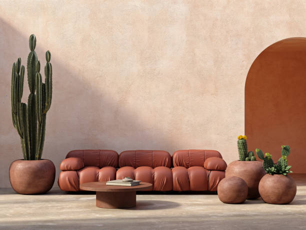 istock Interior with orange sofa, decor, plants, cactus and plaster walls. 3d render illustration mockup. 1707473290