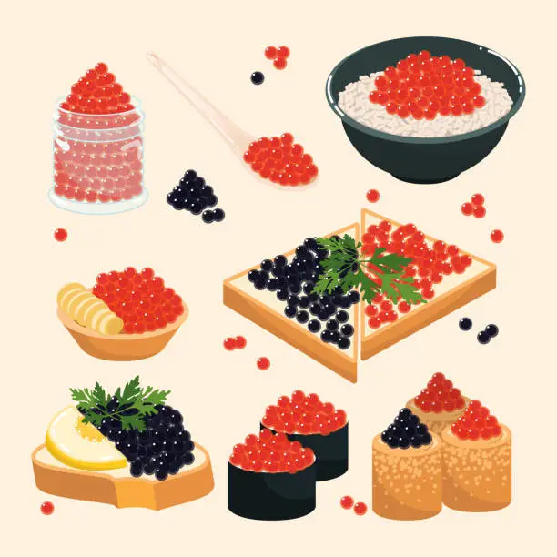 Vector illustration of Dishes with red and black caviar cartoon illustration set