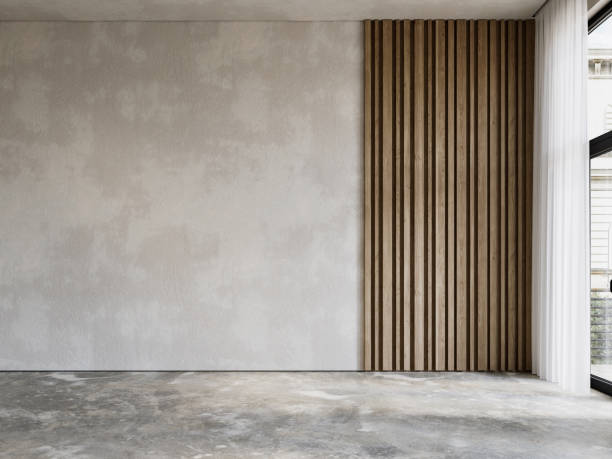 istock Empty interior with concrete blank wall and wood wall panel. 3d render illustration mockup. 1707473815