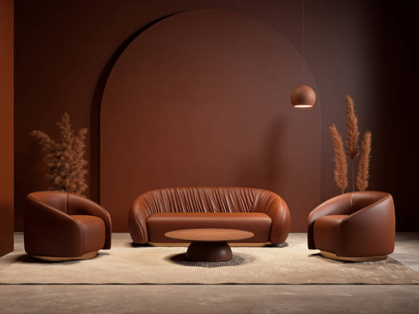istock Dark red interior with sofa, armchairs and decor. 3d render illustration mockup. 1707473829
