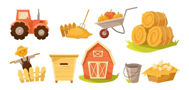 Farm or countryside elements vector illustrations set Farm or countryside elements vector illustrations set. Cartoon drawings of tractor, hay bales, scarecrow from straw, barn or red house isolated on white background. Farming, agriculture concept straw house stock illustrations