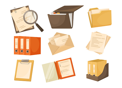 Folders with files or documents vector illustrations set. Data storage, cartoon drawings of office papers in envelopes and folders with rings isolated on white background. Business, paperwork concept