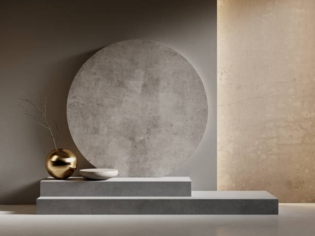 istock Architecture composition podium with concrete gray round, stairs and backlit. 3d render illustration. 1707474392