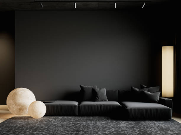 istock Black interior with sofa, moon floor lamp, carpet and decor. 3d render illustration mockup. 1707474910