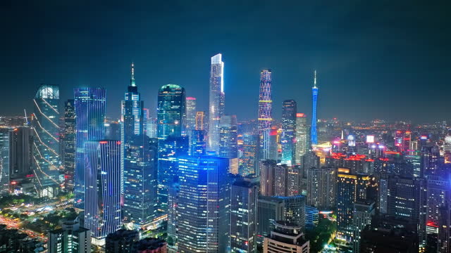 Aerial photography of Guangzhou city skyline at night. Creative video without advertising and trademarks