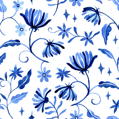 watercolor seamless pattern with fantastic blue flowers on a white background, ornament