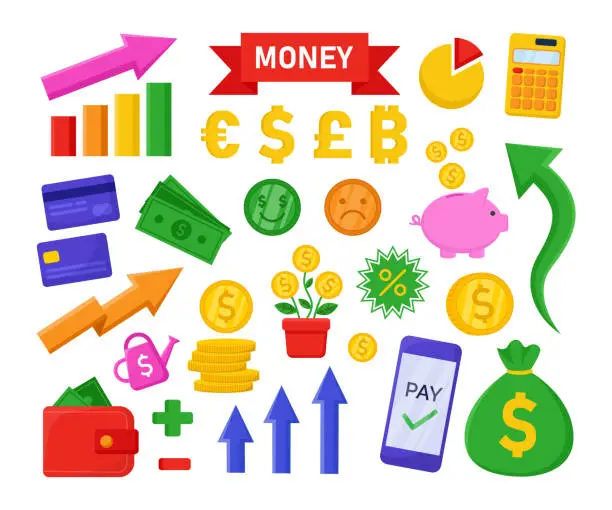 Vector illustration of Different money stickers flat vector illustrations set