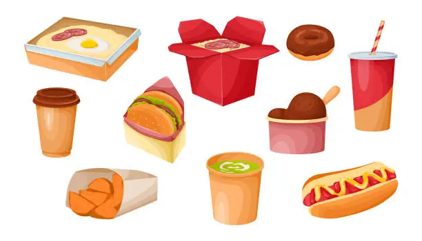 Vector illustration of Different takeaway food vector illustrations set