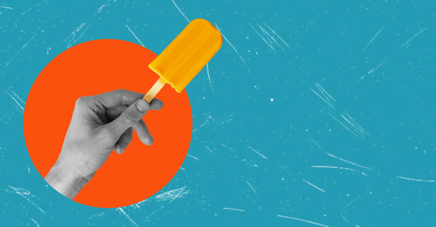 istock Composite collage image of a hand with ice cream on a blue background with space for text. 1707525279
