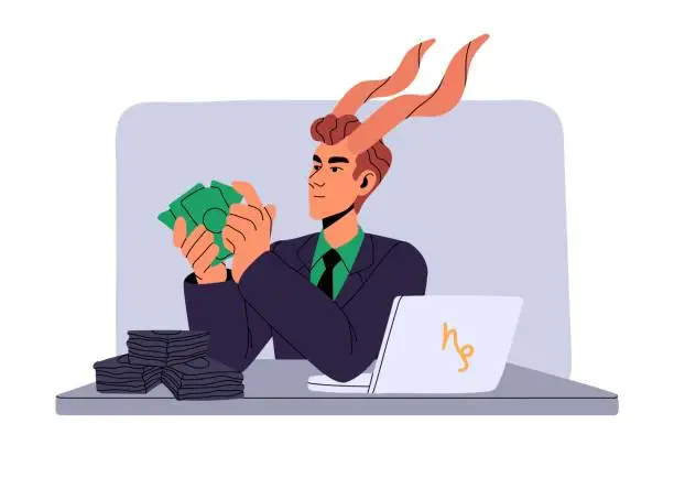 Vector illustration of Capricorn astrology zodiac sign concept. Rich man count money, hold wealth. Success in business, wealthy businessman with horns. Astrological horoscope flat isolated vector illustration on white