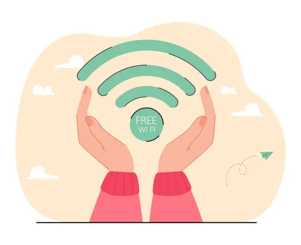 Vector illustration of Free wi-fi sign in caring female hands flat vector illustration